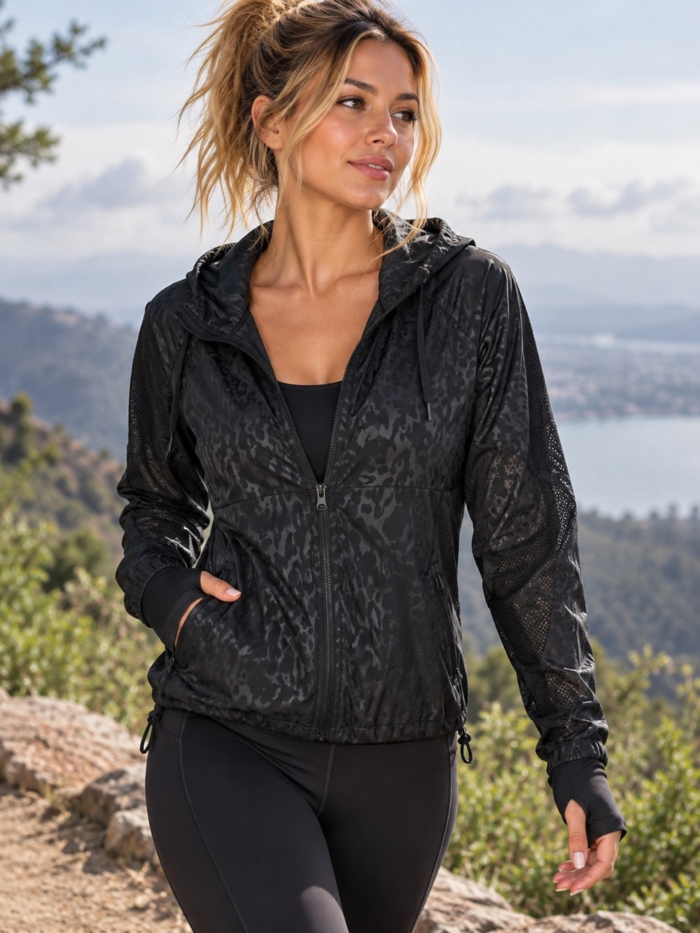 ZYIA Active Black Leopard Windbreaker Hooded Packable Jacket Thumbholes S Gym